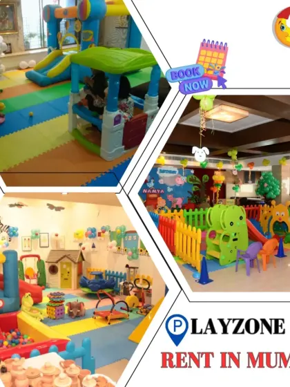 A collage of playzones on rent in Mumbai. It features three different indoor setups, one of which is beautifully decorated with balloons for a birthday party, showing how my playzones can be part of your decor.