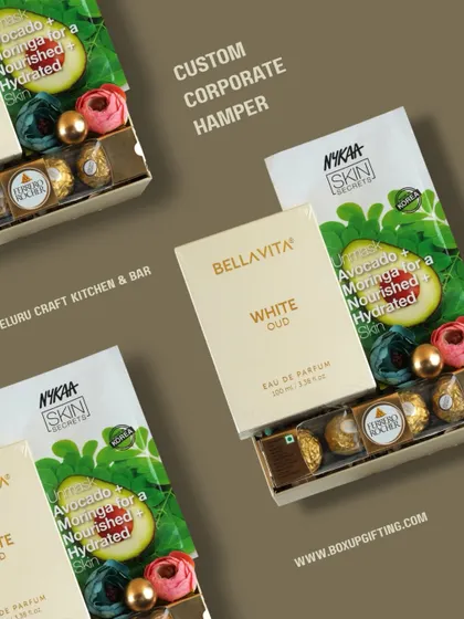 A look at a custom corporate hamper we curated for Beluru Craft Kitchen & Bar. It includes skincare products, perfumes, and chocolates, all beautifully arranged to represent their brand.