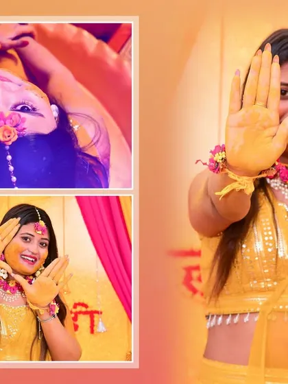 A playful collage of the bride during her Haldi ceremony, perfect for a fun page in the wedding album.