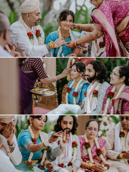 A triptych showing various family members participating in the wedding rituals, highlighting the importance of community.