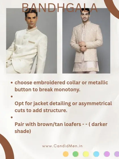 A guide to styling pastel Bandhgalas. Choose embroidered collars or metallic buttons to break the monotony and add structure.