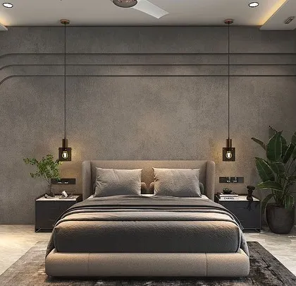 A 3D render of the bedroom with the concrete-finish wall, showing the design concept before execution.