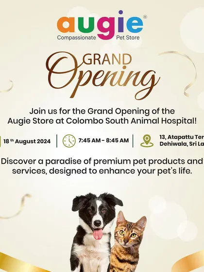 Grand Opening Alert! Join us for the grand opening of the Augie Store at Colombo South Animal Hospital. We can't wait to bring our premium products and services to the pet parents of Dehiwala.