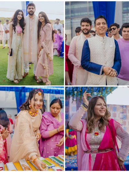 A collage of candid moments from a vibrant haldi party. From guests enjoying the festivities to dancing and posing, these images tell the story of a fun-filled day.