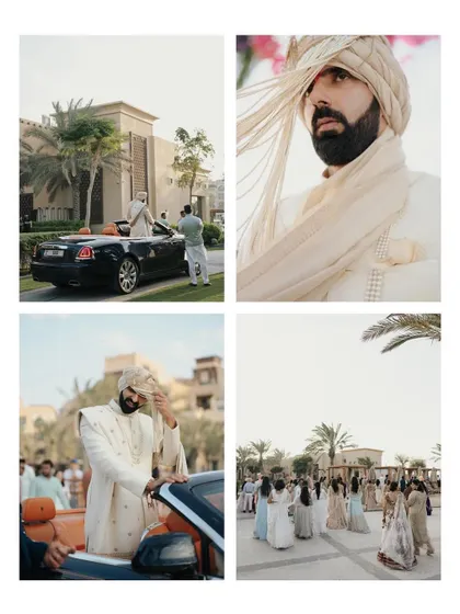 A collage showing the groom's stylish arrival in a Rolls Royce and other moments from the Baraat. It captures the energy and flair of the groom's procession.