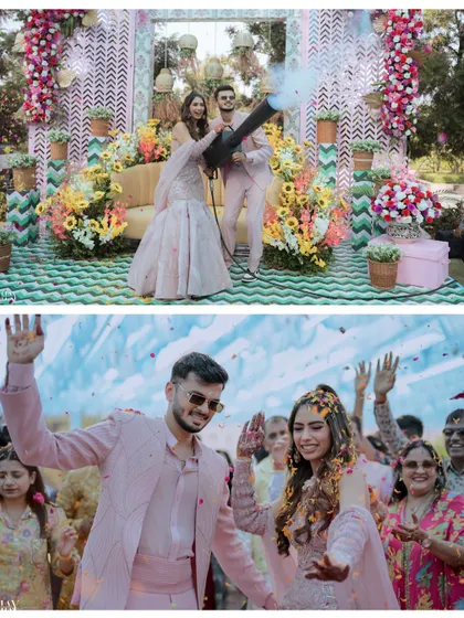 The couple makes a grand entrance with a smoke gun, adding a fun and dramatic flair to their Haldi carnival.