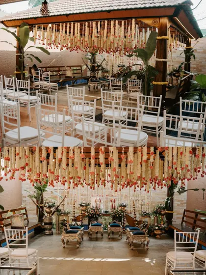 A look inside a traditional Thotti Mane (courtyard house) wedding we designed. This video shows how we use hanging floral decor and elegant silver and blue seating to transform the space while respecting its traditional architecture.