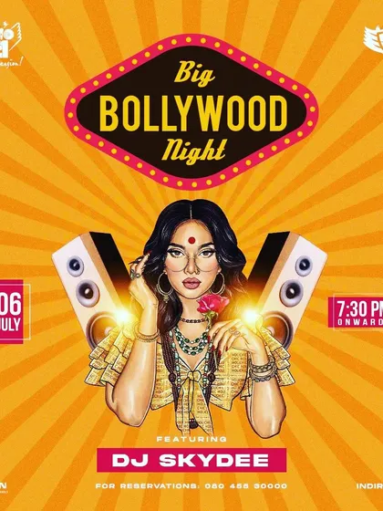 An event flyer for a "Big Bollywood Night" at Big Pitcher, Indiranagar. I am available for gigs across different locations.