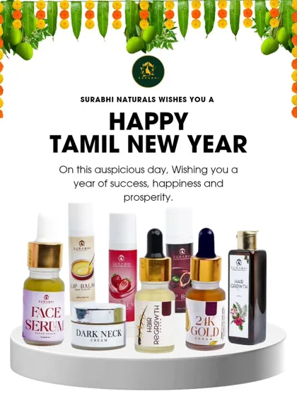 For festive occasions like the Tamil New Year, I love to assemble a vibrant collection of my products. This display features some of my bestsellers, from 24K Gold Serum to natural Hair Regrowth oils.