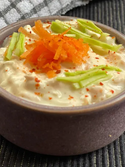 This creamy vegetable dip is a great way to increase your intake of yogurt and veggies. It's hydrating, packed with vitamins, and great for your gut health. Perfect as a snack or a light meal.