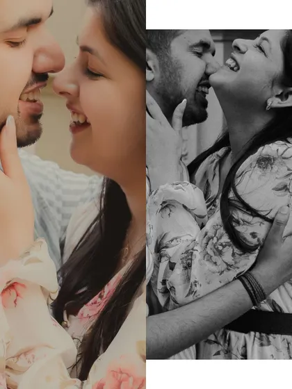 A split-screen image showing a tender moment in both color and black and white. This creative edit highlights the timelessness of the couple's affection.