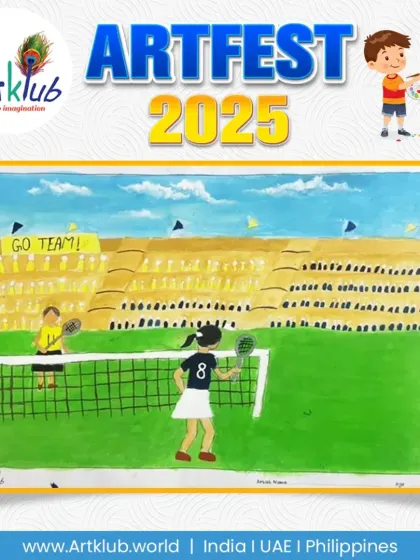 A senior category artwork showing a competitive tennis match in a stadium. The artist included details like the crowd and a "GO TEAM!" sign to create an exciting atmosphere.