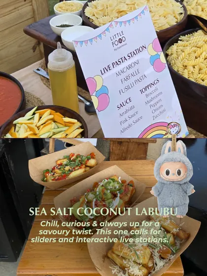 A live pasta station set up for a kids' party. We offer different pasta shapes, sauces like arrabbiata and alfredo, and a variety of toppings, allowing kids to create their own perfect pasta dish.