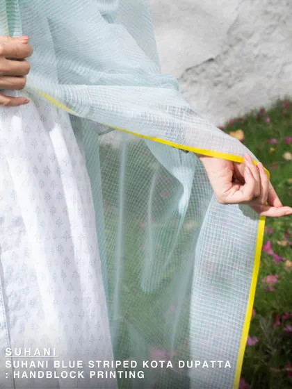 The Suhani blue striped Kota dupatta is light as air and perfect for summer layering. Hand-block printed on breezy Kota cotton, it tells a story in stripes and handwork.