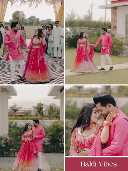 A collage of a vibrant Haldi ceremony, where the couple is dressed in matching pink outfits. We capture both posed portraits and candid walking shots.