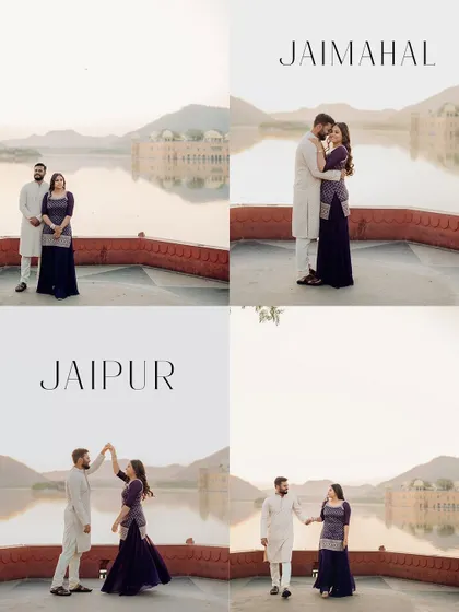 A quad-collage summarizing a pre-wedding shoot at Jal Mahal, Jaipur. It showcases different poses and the beautiful scenery, giving a complete feel of the location.