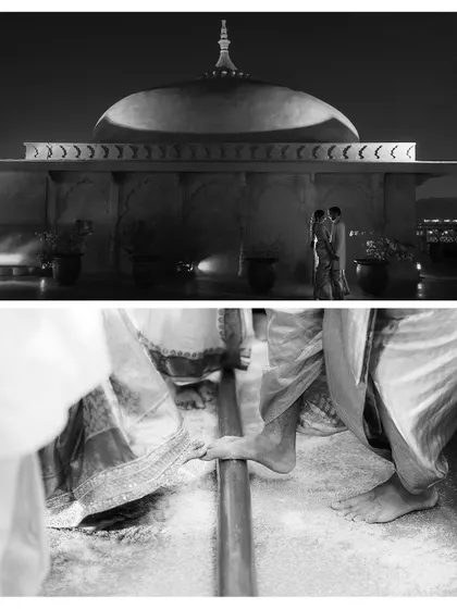 A black and white collage capturing the architectural beauty of the venue and the intimate details of the wedding rituals.