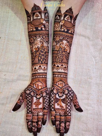 A full view of a non-figurative design, showcasing the grandeur of palace architecture, elephants, and peacocks.