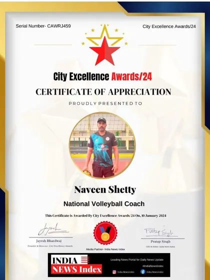 I am proud to receive the Certificate of Appreciation from the City Excellence Awards 2024 for my work as a National Volleyball Coach.