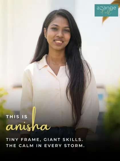 This is Anisha, one of my very first hires. She has a tiny frame but giant skills, and she brings a sense of calm to every storm. I am so proud of how far she's come.