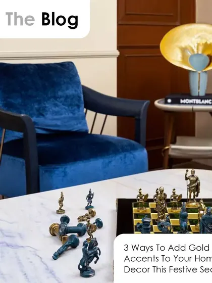 A blog post graphic on adding gold accents to home decor, featuring a luxurious corner with a blue velvet chair and a chess set.