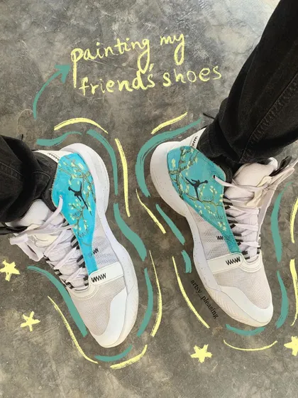 I also customize shoes. Here's a pair of my friend's Jordans that I painted with a cool turquoise wave design.