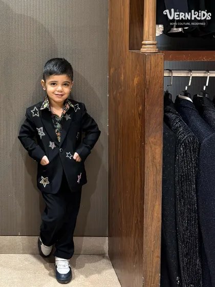 A full look at our star-embellished blazer. The handcrafted details and soft inner lining ensure he feels as amazing as he looks.