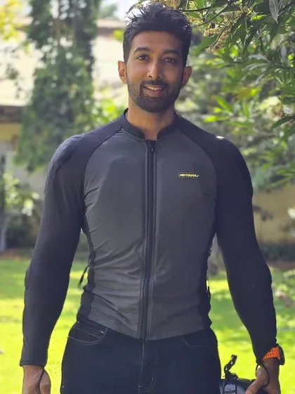 Showing the Motowolf armored jacket without the helmet. This gear provides protection while being comfortable enough for long South India heritage rides.