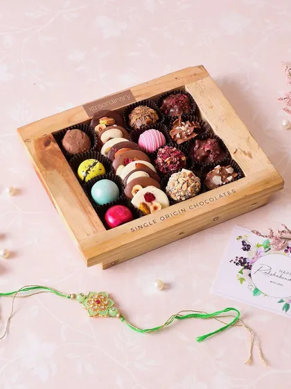 Tie the sweetest knot with our Rakhi Chocolate Platters. This wooden box is filled with a variety of our single-origin chocolates.
