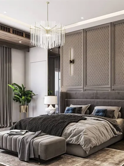 A series of renders for a luxurious bedroom suite, featuring textured wallpaper, mirrored panels, and a statement chandelier. The different views highlight the room's opulence and detailed design.