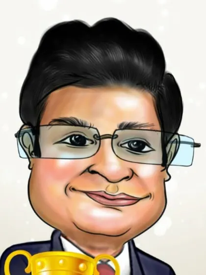 A detailed headshot of a corporate award caricature. The sparkling background and trophy add a celebratory feel, perfect for recognizing a colleague's success.