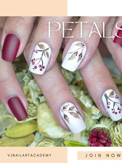 This design showcases the beauty of combining solid colors with minimalist art. Matte red nails are paired with white accent nails featuring hand-painted branches with berries, creating an autumnal and elegant look.