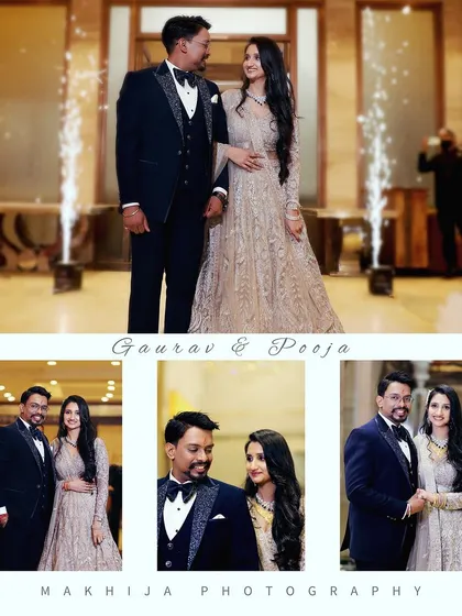 This collage from Gaurav and Pooja's Sagan ceremony captures the couple's grand entrance with sparklers and their classic portraits. It gives a great overview of the event's highlights.