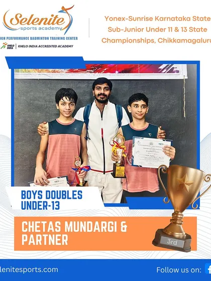 Chetas Mundargi & his partner celebrating their Bronze medal in the Boys Doubles Under-13 category at the Chikkamagaluru state championships.