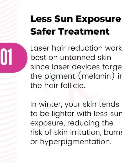 Reason 1: Less sun exposure equals safer treatment. Laser works best on untanned skin, and winter helps reduce the risk of irritation or hyperpigmentation.