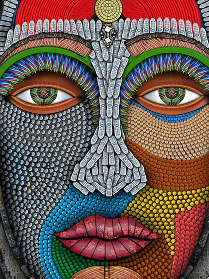 I show the full face in a Sanketana design study, arranging remote-control and cable textures into the mural's visual message.