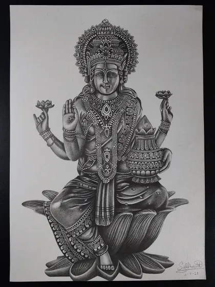 A portrait of Mata Lakshmi, drawn with a mechanical pencil on A3 paper. The goal was to capture her calm and benevolent presence through detailed linework and shading.