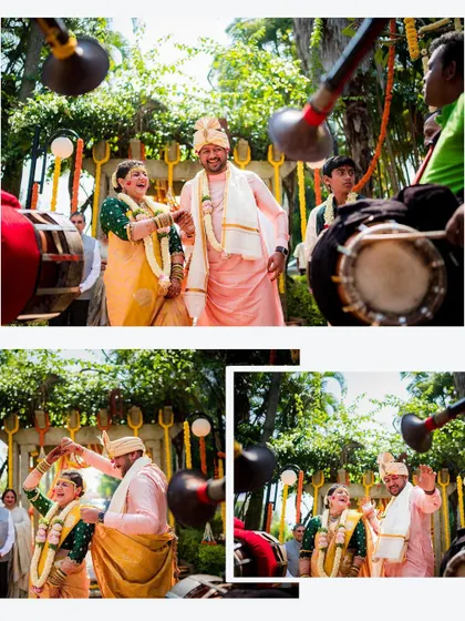 A collage showing the couple's playful interactions during their wedding ceremony, surrounded by traditional musicians. These shots capture the lively spirit of the day.
