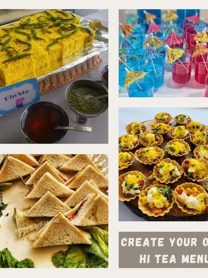 Let us help you create your own hi-tea menu. This collage showcases some of our favorite items: dhokla, colorful mocktails, chaat tarts, and classic sandwiches.