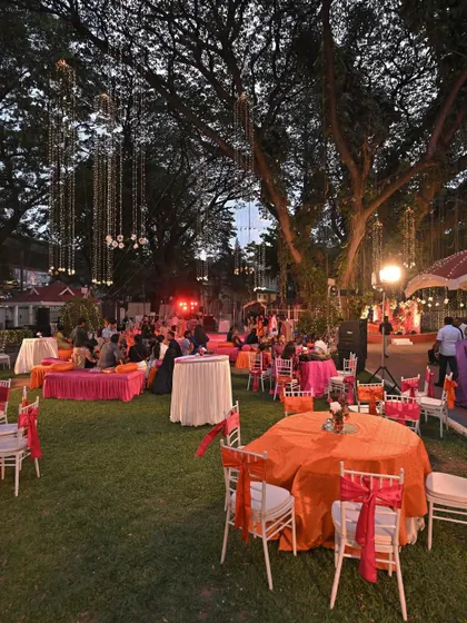 An overview of the outdoor Sangeet venue at RSI, Bengaluru. We arranged a mix of lounge seating and round tables to create a dynamic and social atmosphere for guests.