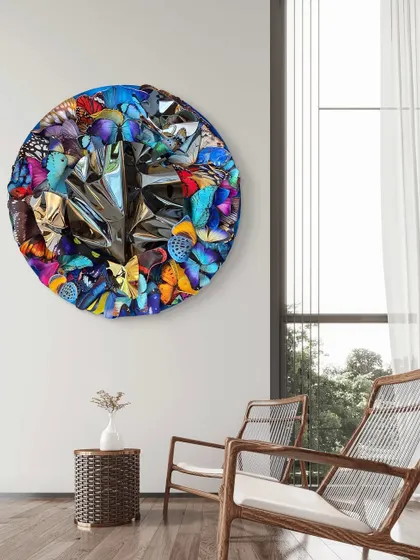 A mockup showing how the circular butterfly sculpture can bring life and color to a minimalist, contemporary living space.