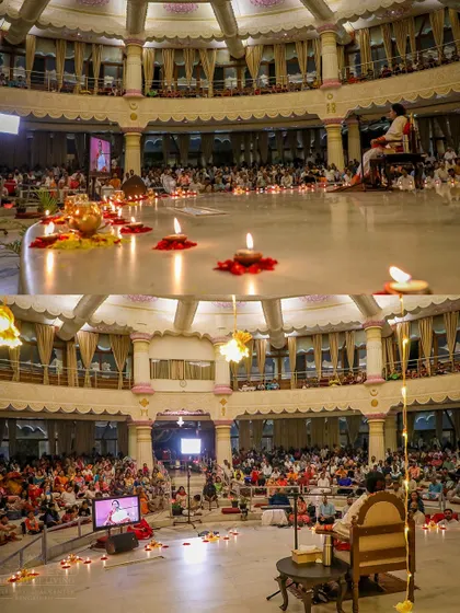 The Vishalakshi Mantap filled with people and lit by diyas for our Foundation Day. It was a night of music, joy, and gratitude, celebrating the vision that started it all.