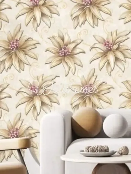 A living room mockup with a wallpaper featuring a repeating pattern of large, stylized beige flowers.