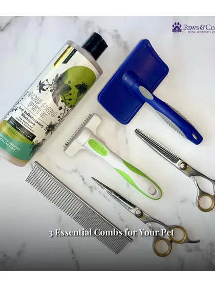 The right tools make all the difference in grooming. We've curated a set of essential combs and brushes, including a de-shedding tool, a fine-tooth metal comb, and a gentle slicker brush, to keep your pet's coat healthy and mat-free.