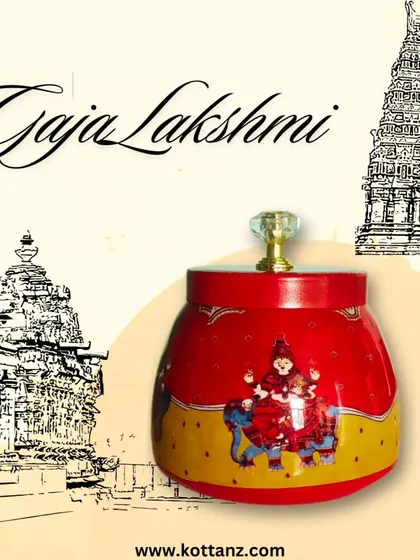 Our Gajalakshmi theme is captured on this beautiful dry fruit jar. Inspired by ancient sculptures, it's a perfect souvenir for the Varalakshmi festival.