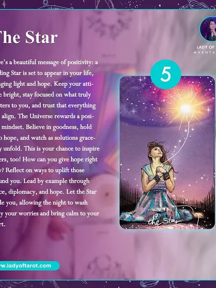 The Star card is a beautiful message of positivity. It signals that a guiding light is set to appear in your life, bringing hope and aligning everything to your true path.