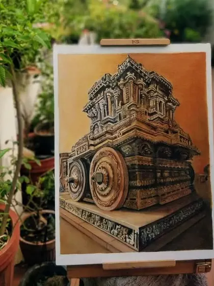 A student's incredible oil painting of the Hampi stone chariot. Our courses cover complex subjects, helping you master perspective, texture, and the rich tones of oil paints to capture historical details.