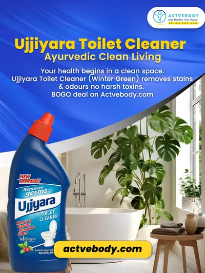 Your health begins in a clean space. This image of Ujjiyara Toilet Cleaner promotes Ayurvedic clean living, highlighting its toxin-free formula and a BOGO deal to encourage the switch.