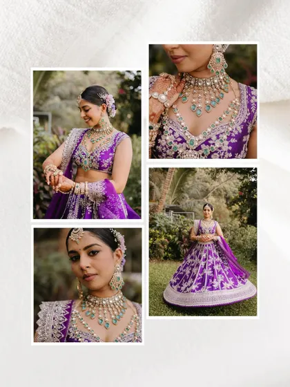A collection of portraits focusing on the bride's purple lehenga and emerald-studded jewelry, highlighting the details of her stunning look.