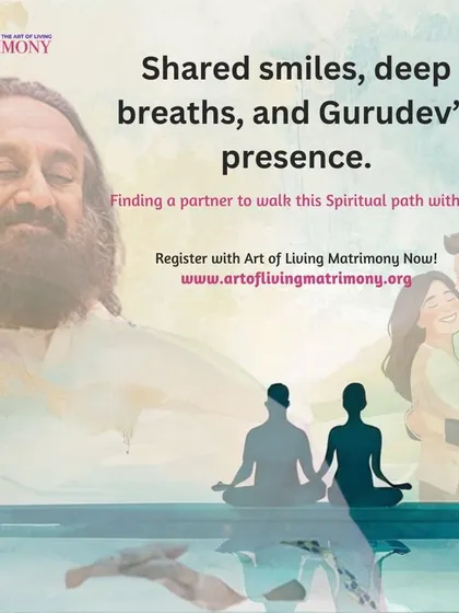 A beautiful collage blending Gurudev's image with a meditating couple, representing the idea of finding a partner to walk the spiritual path with his grace.